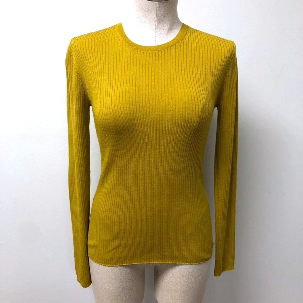Theory Ribbed Knit Sweater Womens S Mustard Yellow Long Sleeve Crew‎ Neck Top
